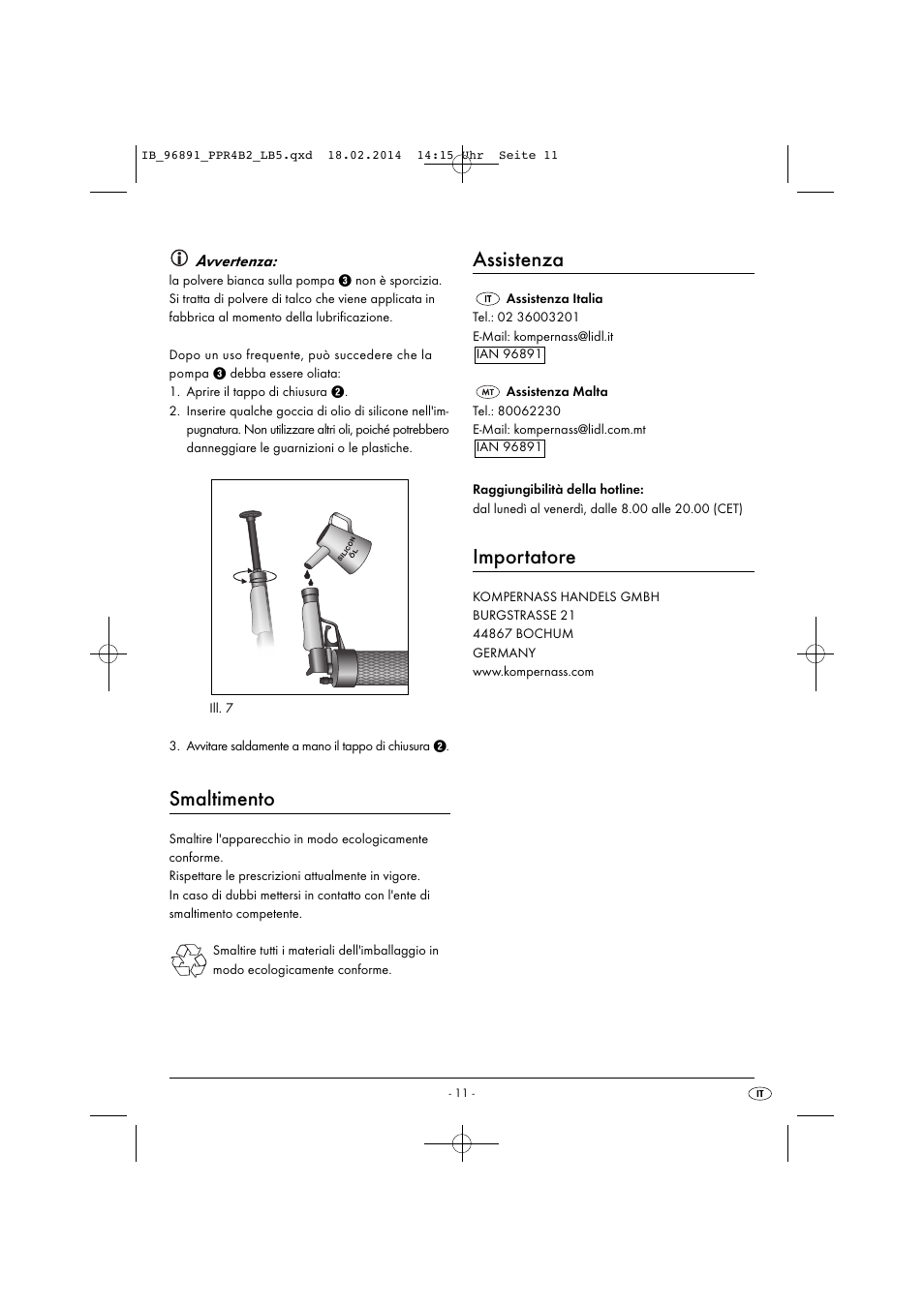 Smaltimento, Assistenza, Importatore | Powerfix PPR 4 B2 User Manual | Page 14 / 27