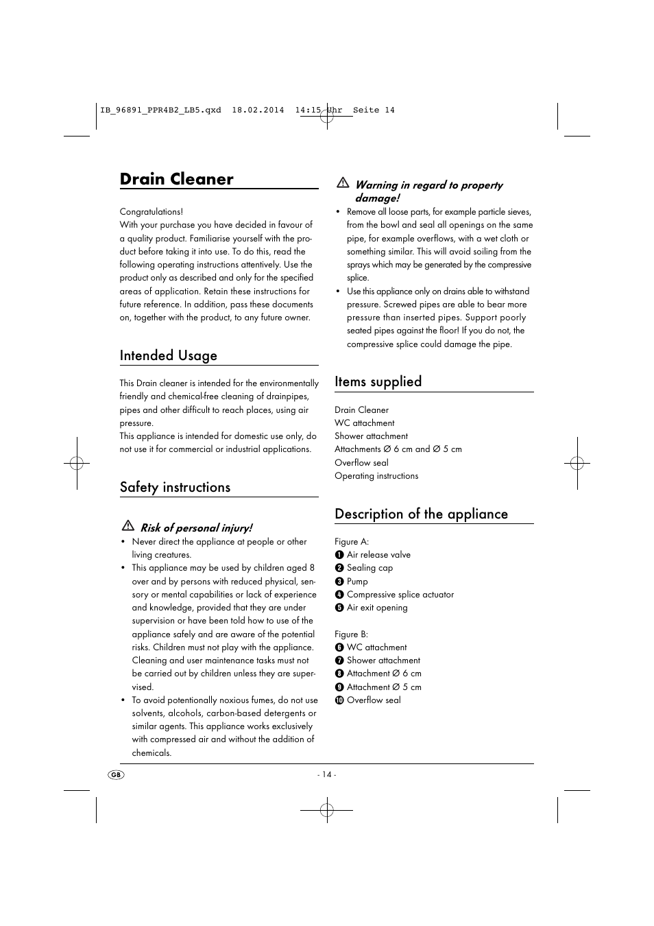 Drain cleaner, Intended usage, Safety instructions | Items supplied, Description of the appliance | Powerfix PPR 4 B2 User Manual | Page 17 / 27