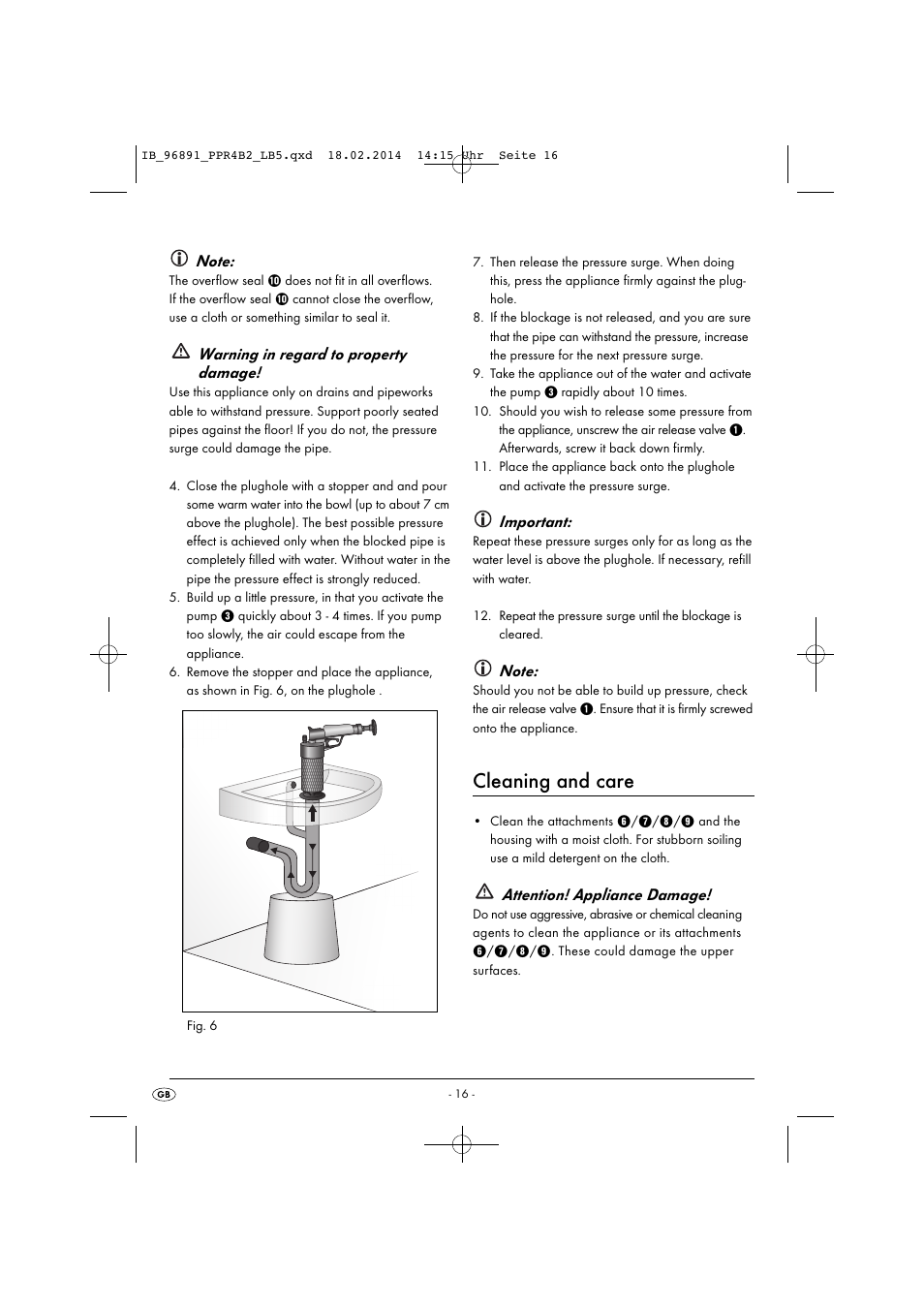 Cleaning and care, Warning in regard to property damage, Important | Attention! appliance damage | Powerfix PPR 4 B2 User Manual | Page 19 / 27