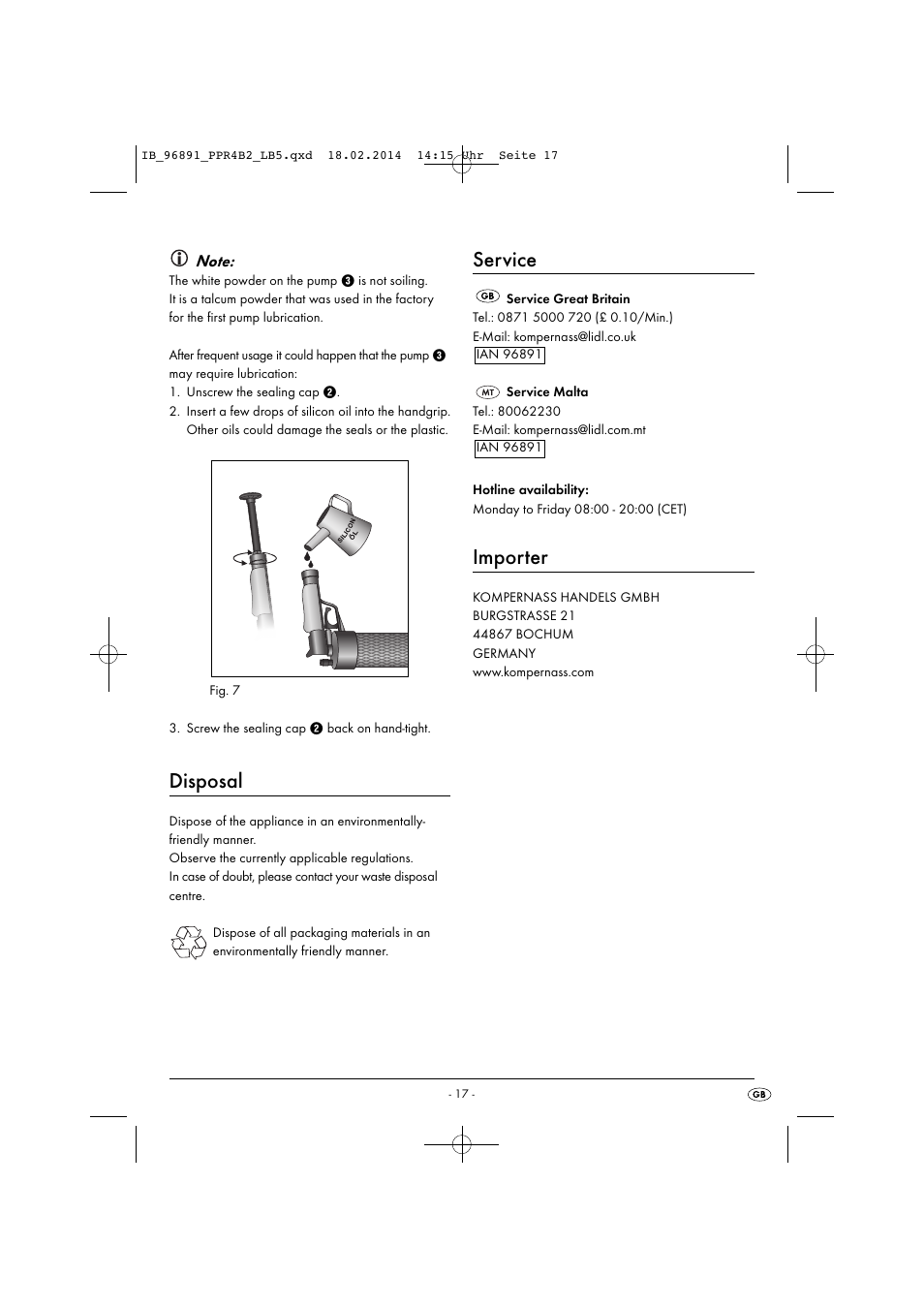 Disposal, Service, Importer | Powerfix PPR 4 B2 User Manual | Page 20 / 27