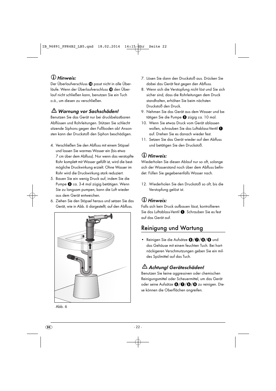 Reinigung und wartung, Hinweis, Warnung vor sachschäden | Achtung! geräteschäden | Powerfix PPR 4 B2 User Manual | Page 25 / 27