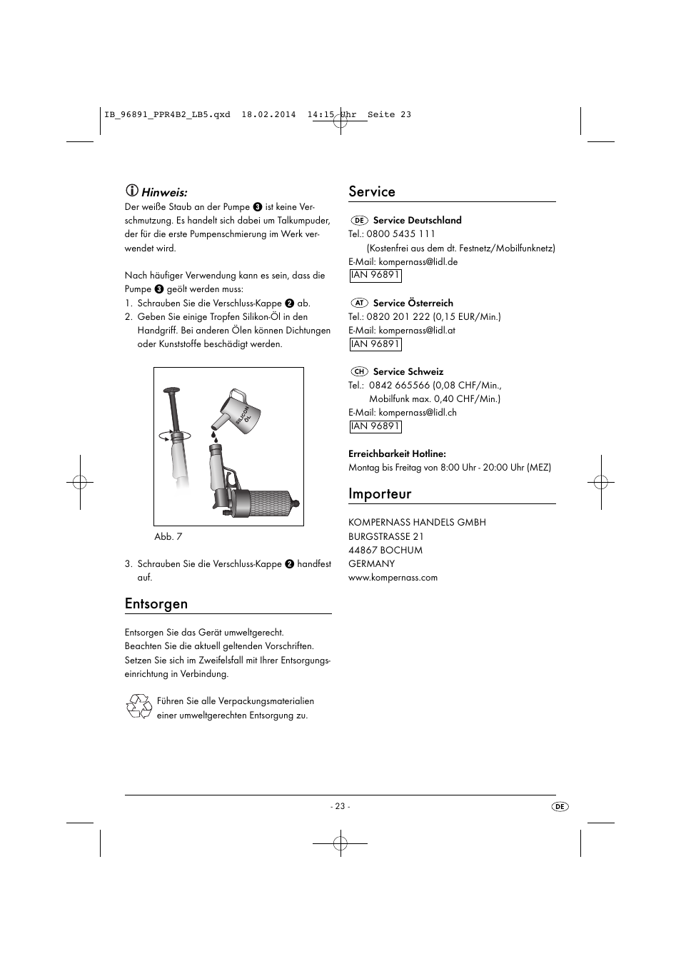 Entsorgen, Service, Importeur | Hinweis | Powerfix PPR 4 B2 User Manual | Page 26 / 27