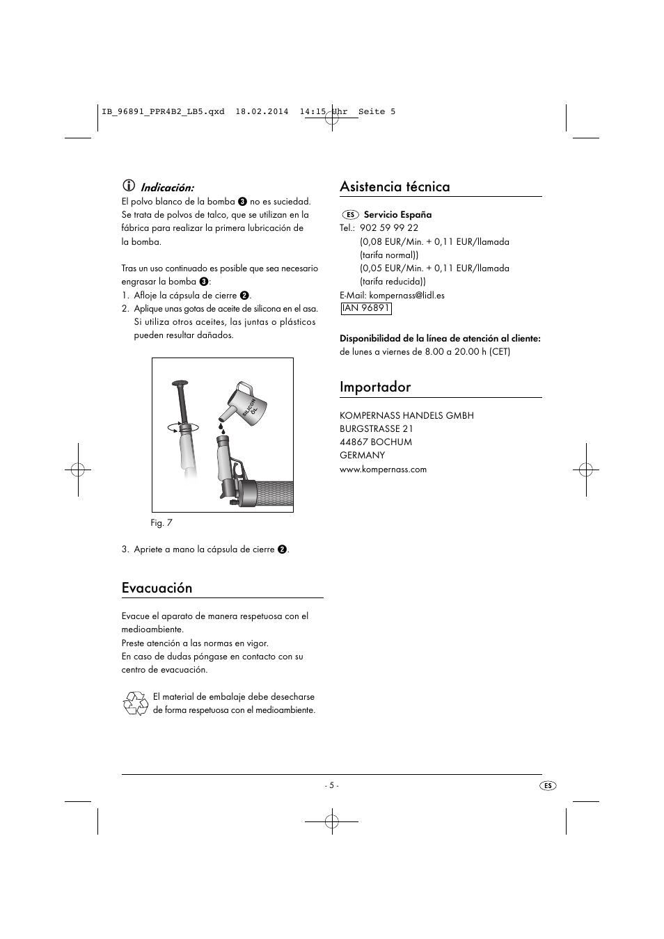 Evacuación, Asistencia técnica, Importador | Powerfix PPR 4 B2 User Manual | Page 8 / 27