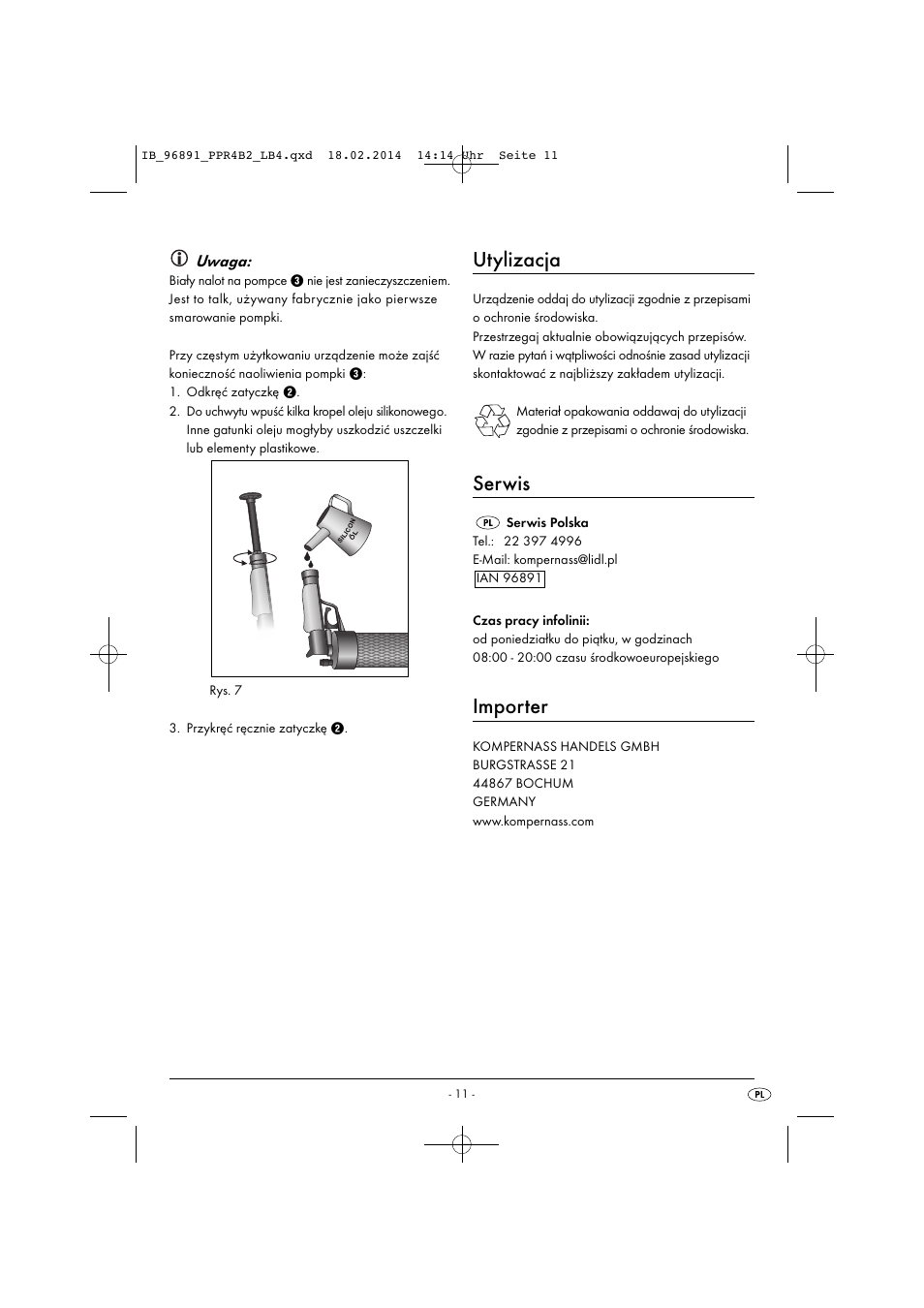 Utylizacja, Serwis, Importer | Powerfix PPR 4 B2 User Manual | Page 14 / 39