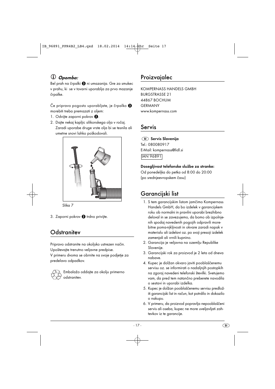 Odstranitev, Proizvajalec, Servis | Garancijski list, Opomba | Powerfix PPR 4 B2 User Manual | Page 20 / 39