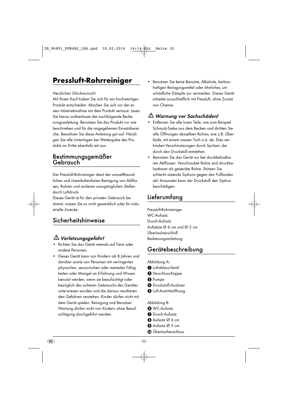 Pressluft-rohrreiniger, Bestimmungsgemäßer gebrauch, Sicherheitshinweise | Lieferumfang, Gerätebeschreibung | Powerfix PPR 4 B2 User Manual | Page 35 / 39