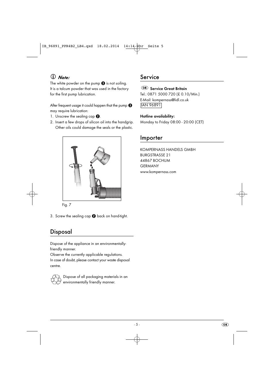 Disposal, Service, Importer | Powerfix PPR 4 B2 User Manual | Page 8 / 39
