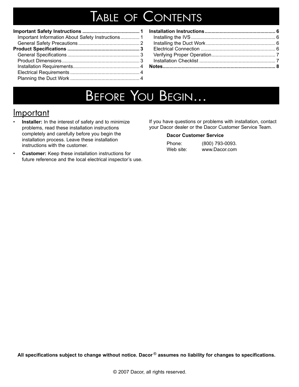 Able, Ontents, Efore | Egin, Important | Dacor IVS2 User Manual | Page 2 / 12