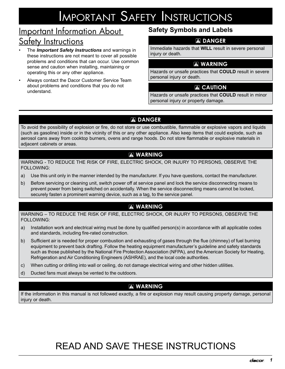 Read and save these instructions, Mportant, Afety | Nstructions, Important information about safety instructions | Dacor IVS2 User Manual | Page 3 / 12