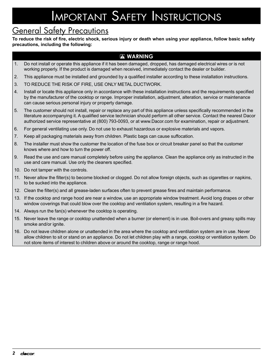 Mportant, Afety, Nstructions | General safety precautions | Dacor IVS2 User Manual | Page 4 / 12