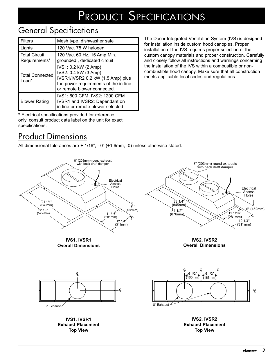 Roduct, Pecifications, Product dimensions general specifications | Dacor IVS2 User Manual | Page 5 / 12