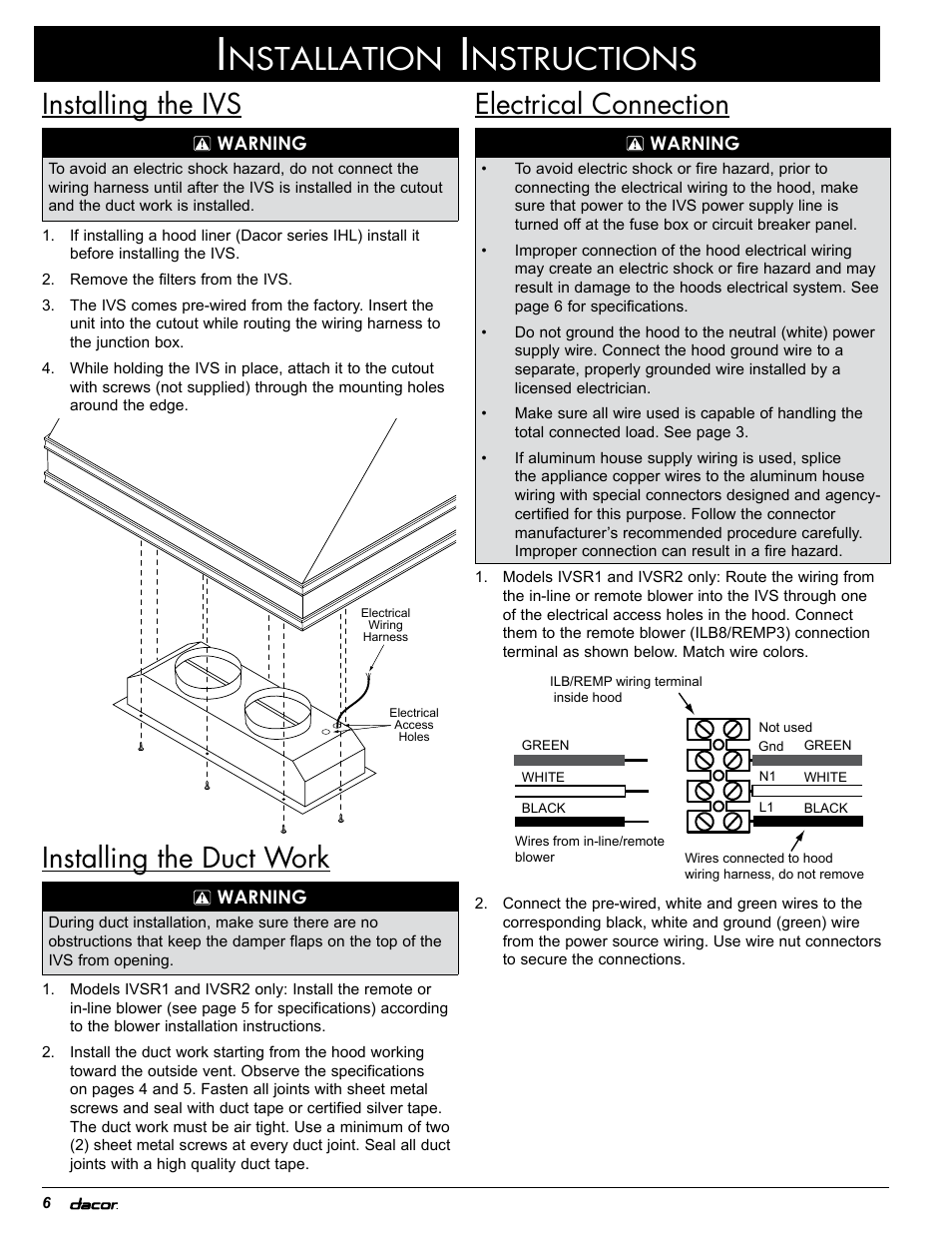 Nstallation, Nstructions, Electrical connection | Installing the ivs, Installing the duct work | Dacor IVS2 User Manual | Page 8 / 12