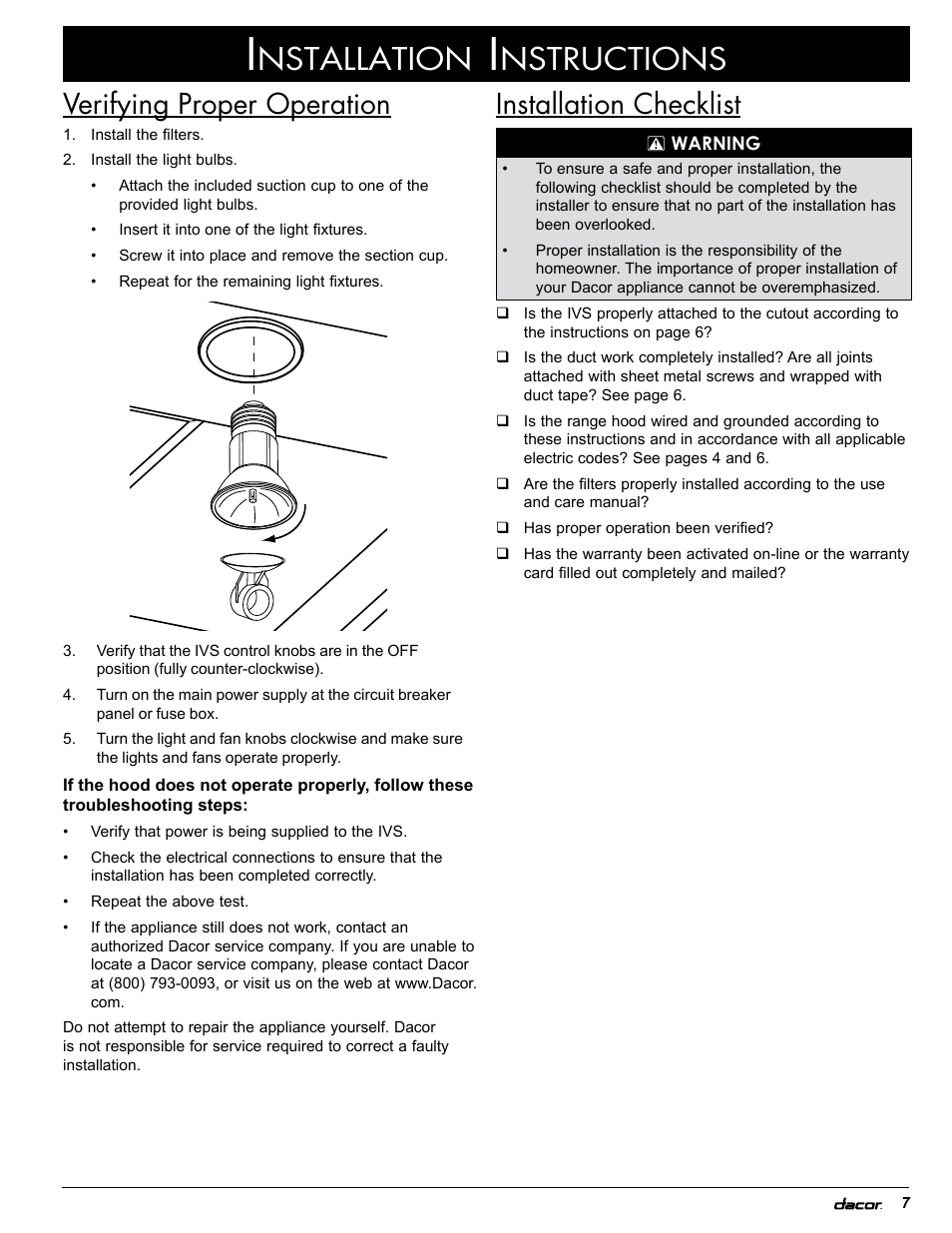 Nstallation, Nstructions, Installation checklist | Verifying proper operation | Dacor IVS2 User Manual | Page 9 / 12