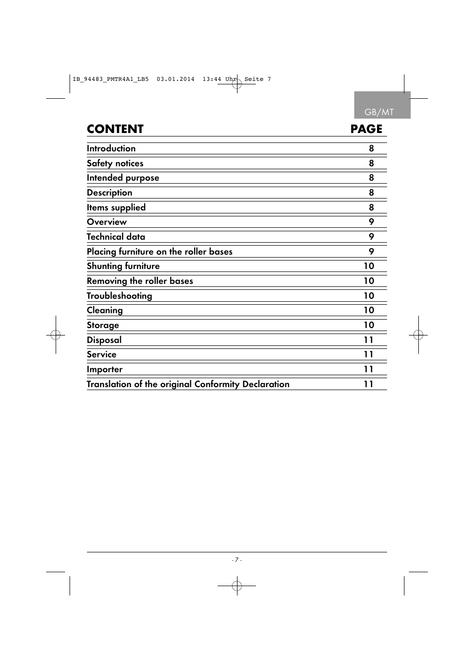 Content page | Powerfix PMTR 4 A1 User Manual | Page 10 / 21