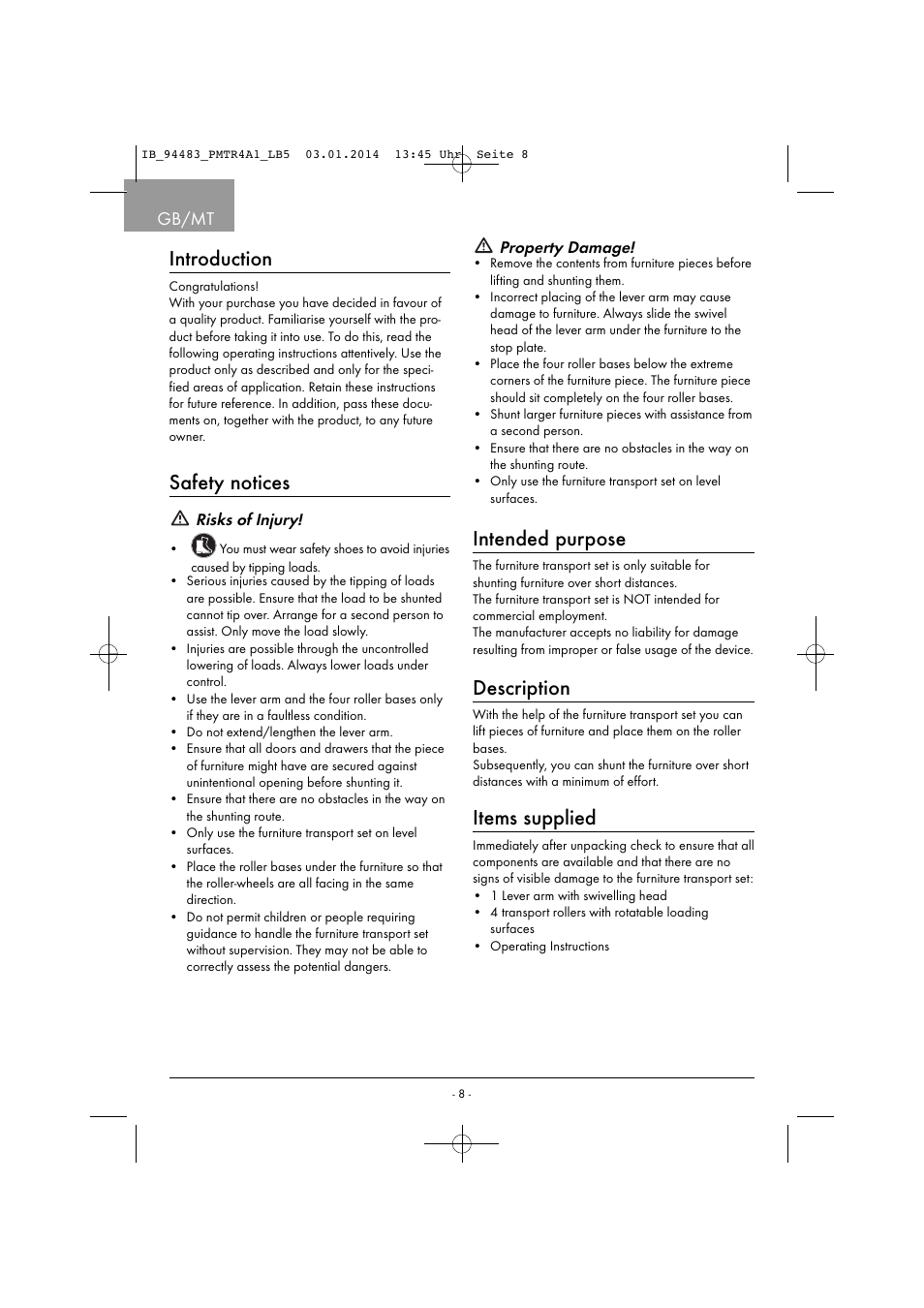 Introduction, Safety notices, Intended purpose | Description, Items supplied, Gb/mt, Risks of injury, Property damage | Powerfix PMTR 4 A1 User Manual | Page 11 / 21