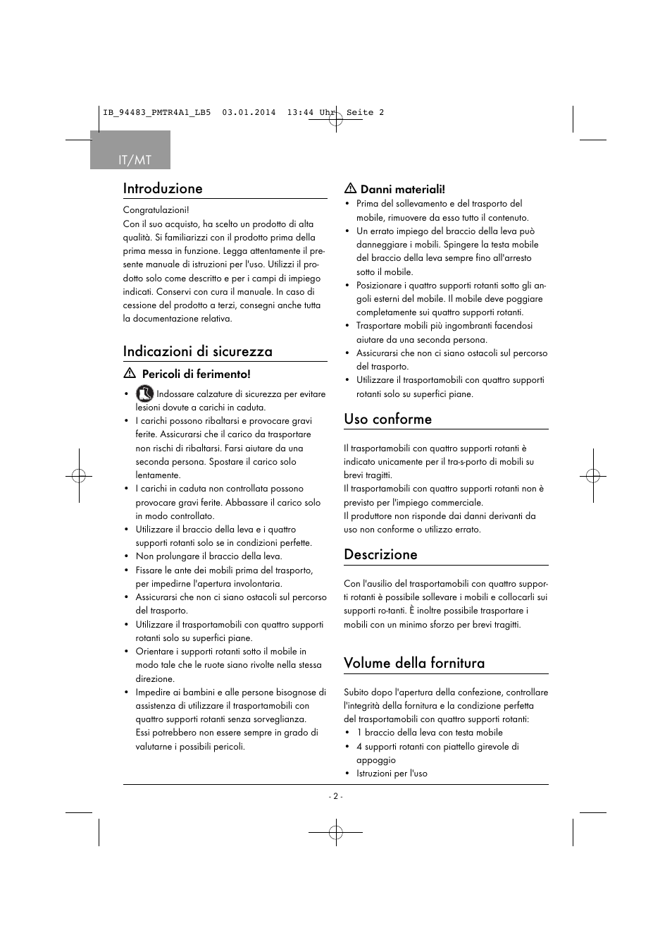 Introduzione, Indicazioni di sicurezza, Uso conforme | Descrizione, Volume della fornitura, It/mt | Powerfix PMTR 4 A1 User Manual | Page 5 / 21