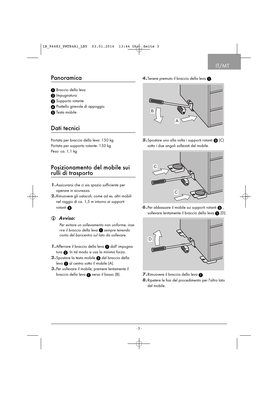 Panoramica, Dati tecnici, Posizionamento del mobile sui rulli di trasporto | It/mt, Avviso | Powerfix PMTR 4 A1 User Manual | Page 6 / 21