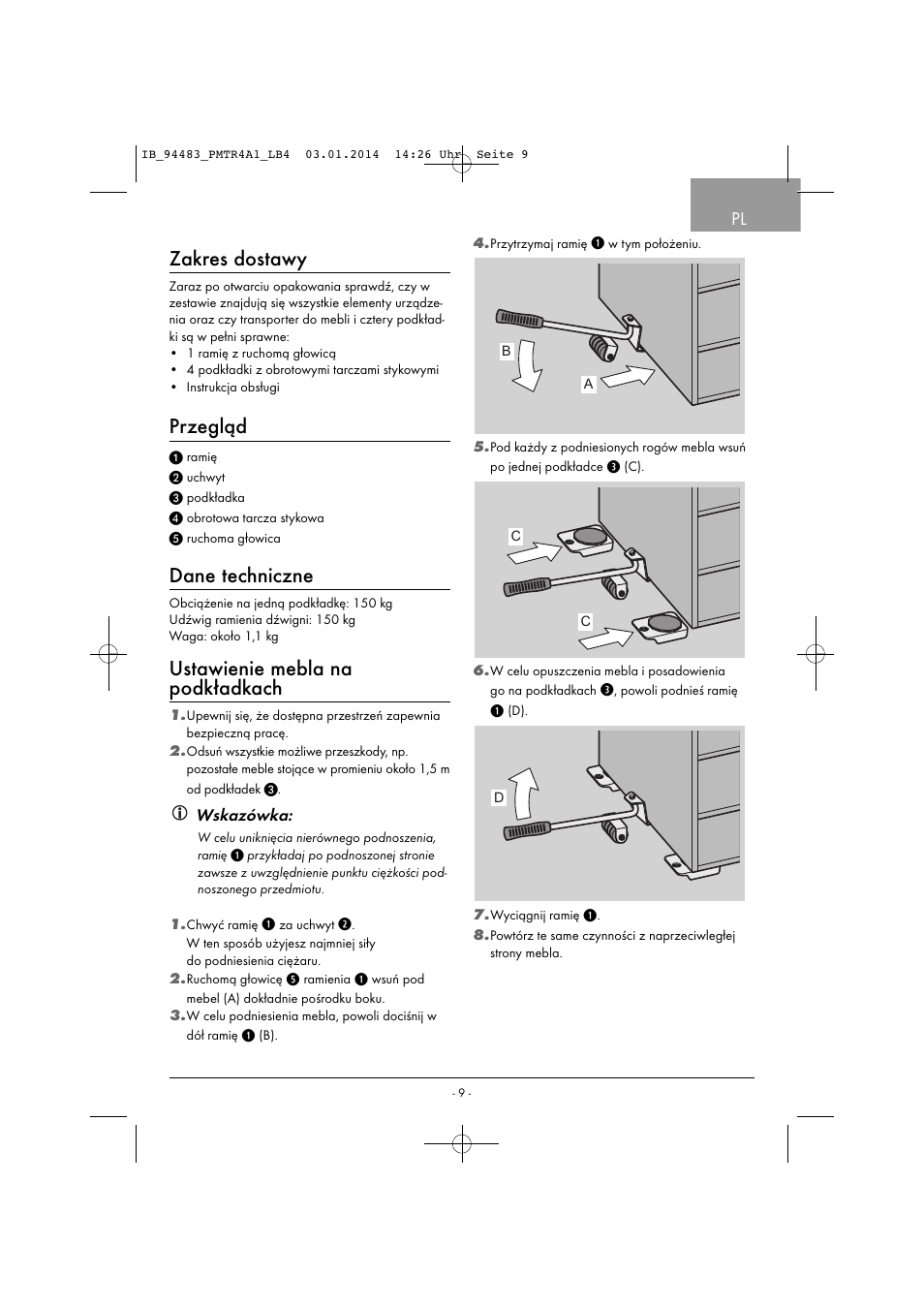 Zakres dostawy, Przegląd, Dane techniczne | Ustawienie mebla na podkładkach | Powerfix PMTR 4 A1 User Manual | Page 12 / 46