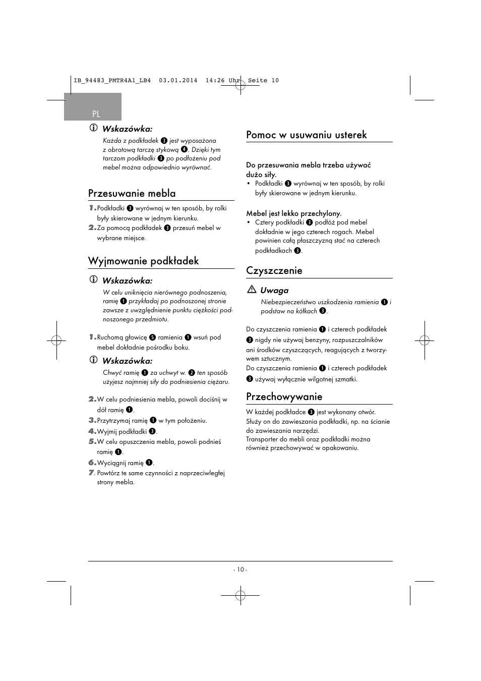 Przesuwanie mebla, Wyjmowanie podkładek, Pomoc w usuwaniu usterek | Czyszczenie, Przechowywanie | Powerfix PMTR 4 A1 User Manual | Page 13 / 46