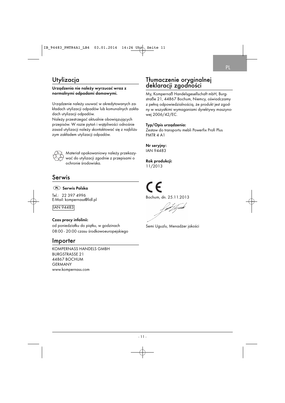 Utylizacja, Serwis, Importer | Tłumaczenie oryginalnej deklaracji zgodności | Powerfix PMTR 4 A1 User Manual | Page 14 / 46