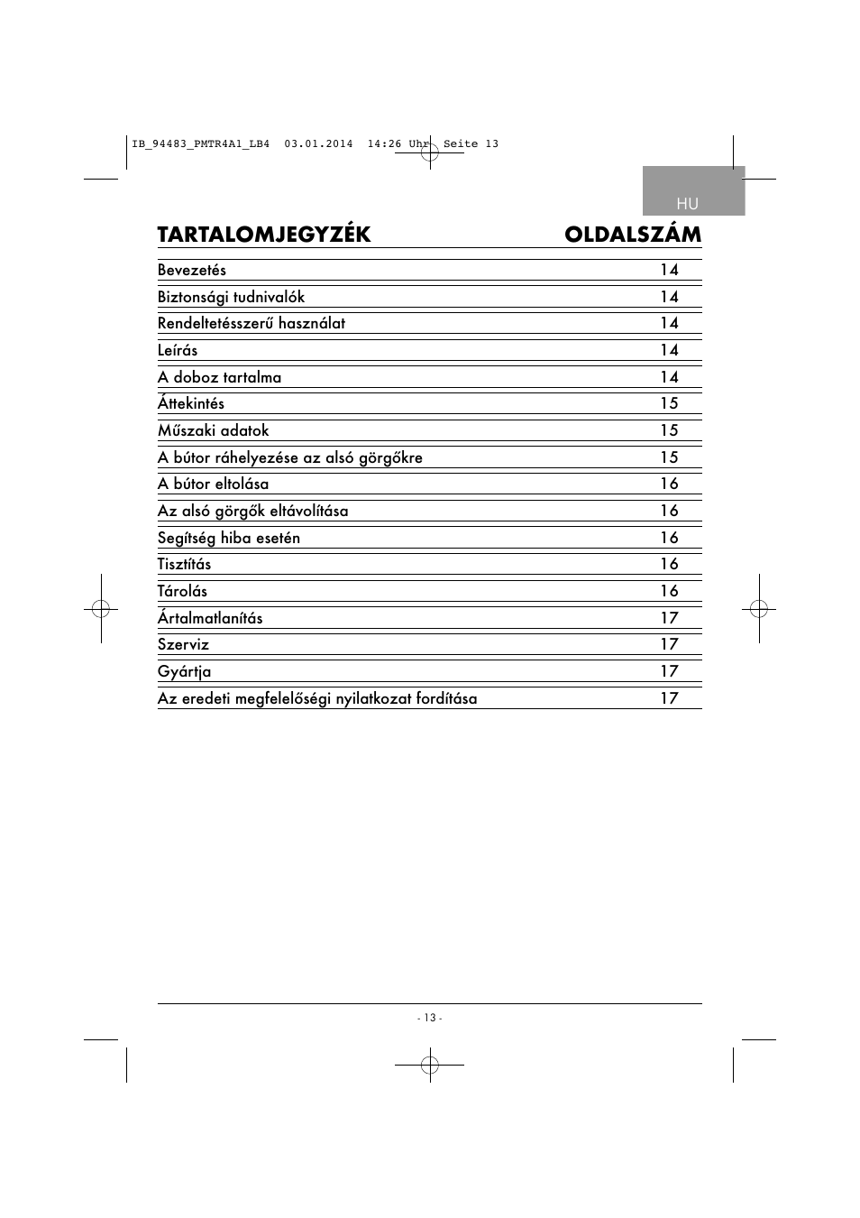 Tartalomjegyzék oldalszám | Powerfix PMTR 4 A1 User Manual | Page 16 / 46