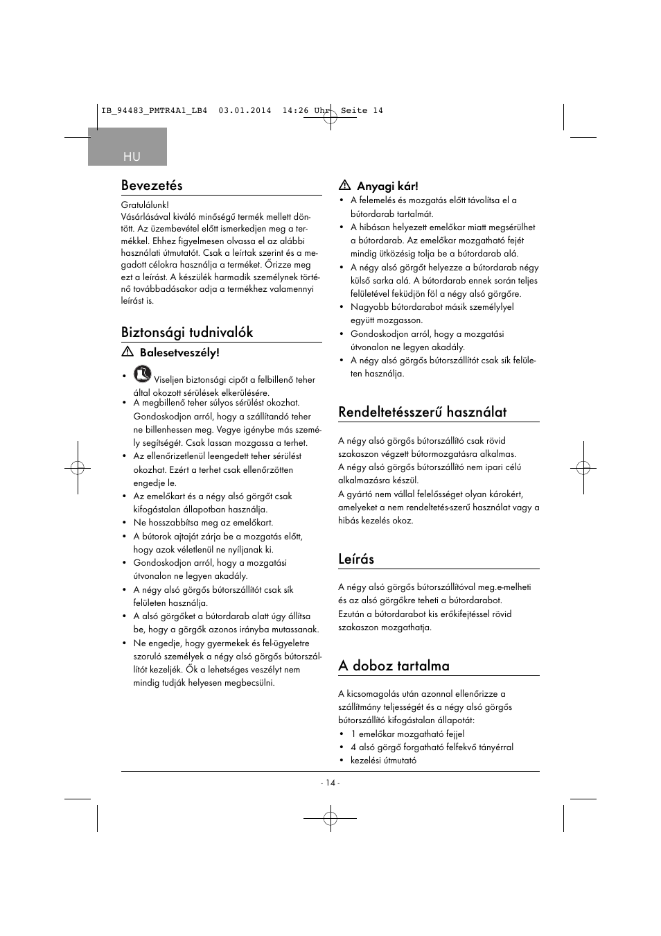 Bevezetés, Biztonsági tudnivalók, Rendeltetésszerű használat | Leírás, A doboz tartalma | Powerfix PMTR 4 A1 User Manual | Page 17 / 46