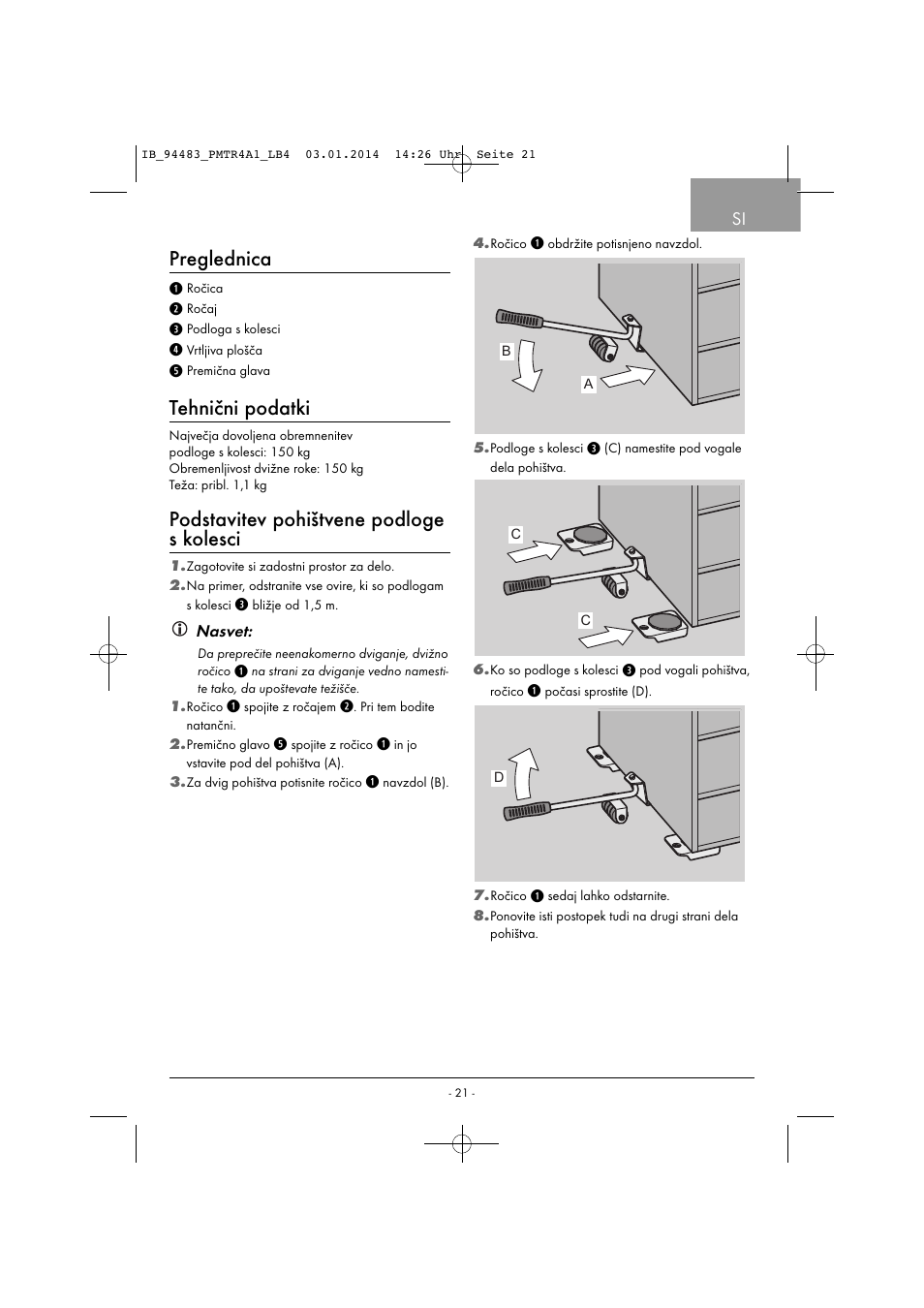 Preglednica, Tehnični podatki, Podstavitev pohištvene podloge s kolesci | Powerfix PMTR 4 A1 User Manual | Page 24 / 46