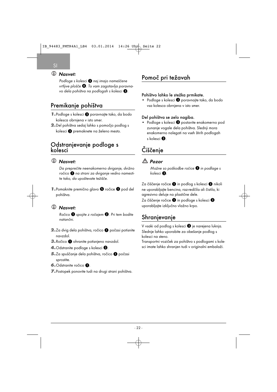 Premikanje pohištva, Odstranjevanje podloge s kolesci, Pomoč pri težavah | Čiščenje, Shranjevanje | Powerfix PMTR 4 A1 User Manual | Page 25 / 46