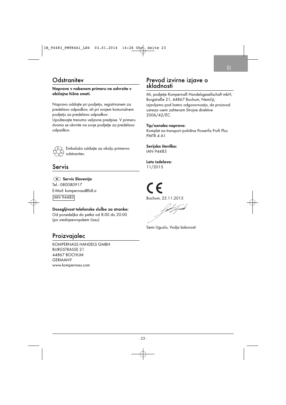 Odstranitev, Servis, Proizvajalec | Prevod izvirne izjave o skladnosti | Powerfix PMTR 4 A1 User Manual | Page 26 / 46