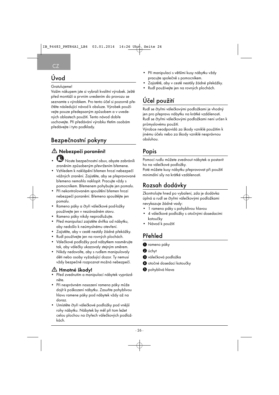 Úvod, Bezpečnostní pokyny, Účel použití | Popis, Rozsah dodávky, Přehled | Powerfix PMTR 4 A1 User Manual | Page 29 / 46