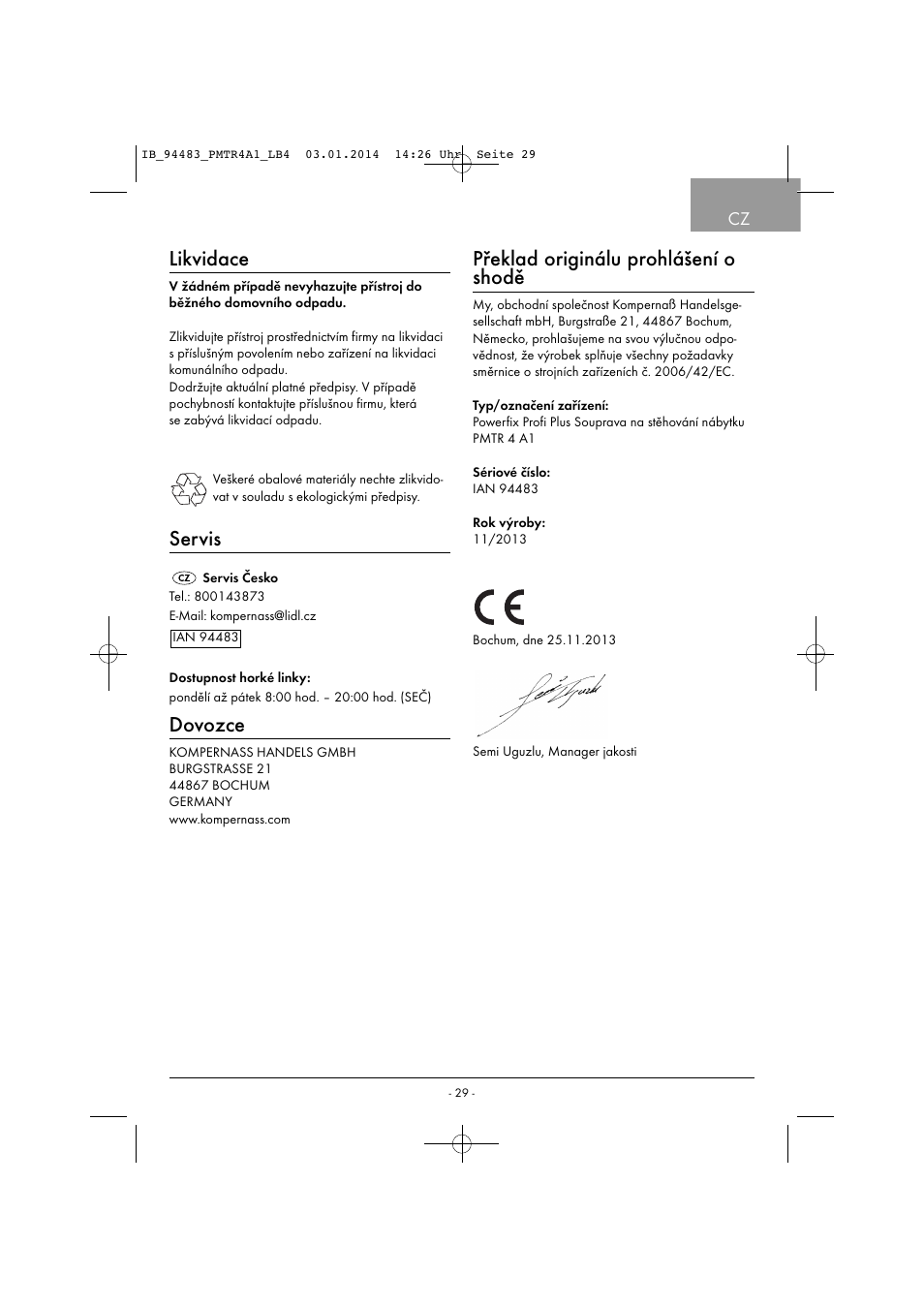 Likvidace, Servis, Dovozce | Překlad originálu prohlášení o shodě | Powerfix PMTR 4 A1 User Manual | Page 32 / 46