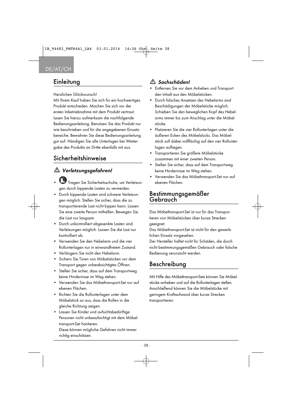 Bestimmungsgemäßer gebrauch, Beschreibung, Einleitung | Sicherheitshinweise, De/at/ch, Sachschäden, Verletzungsgefahren | Powerfix PMTR 4 A1 User Manual | Page 41 / 46