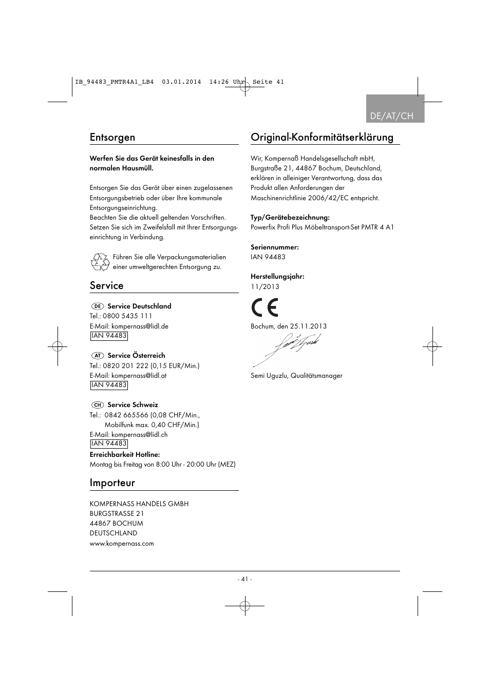 Entsorgen, Service, Importeur | Original-konformitätserklärung, De/at/ch | Powerfix PMTR 4 A1 User Manual | Page 44 / 46