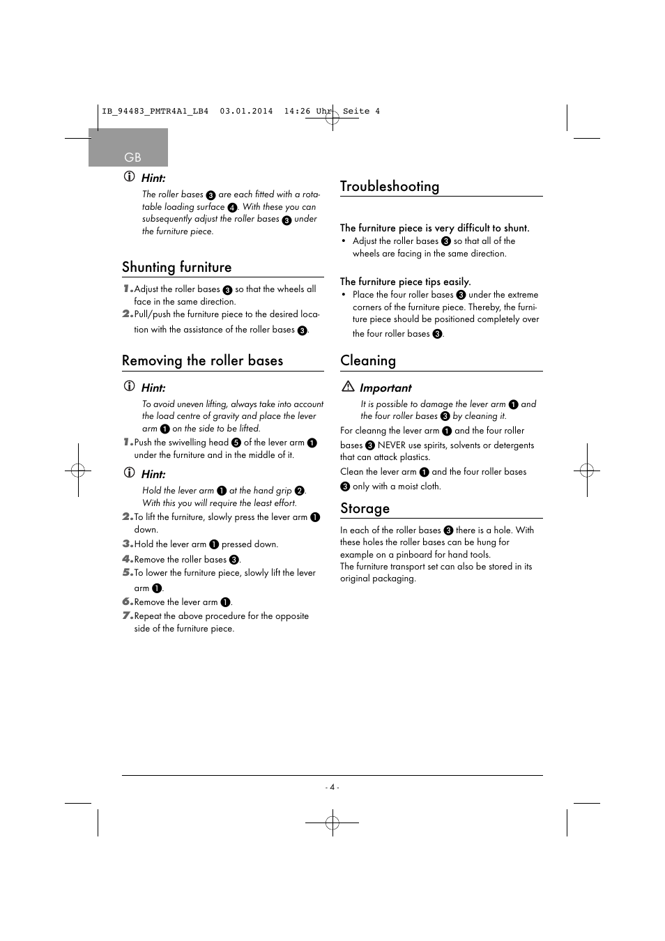 Shunting furniture, Removing the roller bases, Troubleshooting | Cleaning, Storage, Hint, Important | Powerfix PMTR 4 A1 User Manual | Page 7 / 46