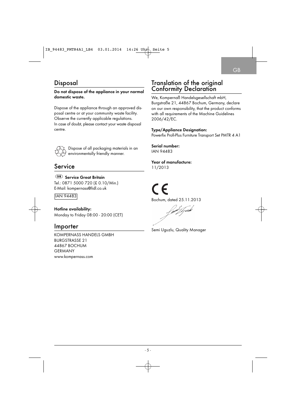 Disposal, Service, Importer | Translation of the original conformity declaration | Powerfix PMTR 4 A1 User Manual | Page 8 / 46