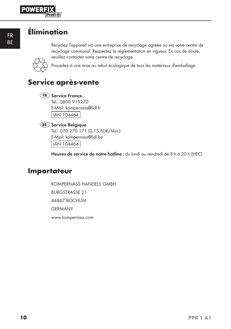 Élimination, Service après-vente, Importateur | Fr be | Powerfix PPR 1 A1 User Manual | Page 13 / 34