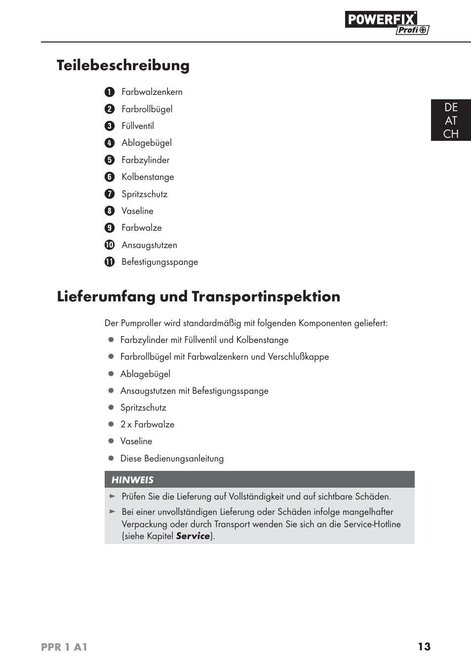 Teilebeschreibung, Lieferumfang und transportinspektion, De at ch | Powerfix PPR 1 A1 User Manual | Page 16 / 34