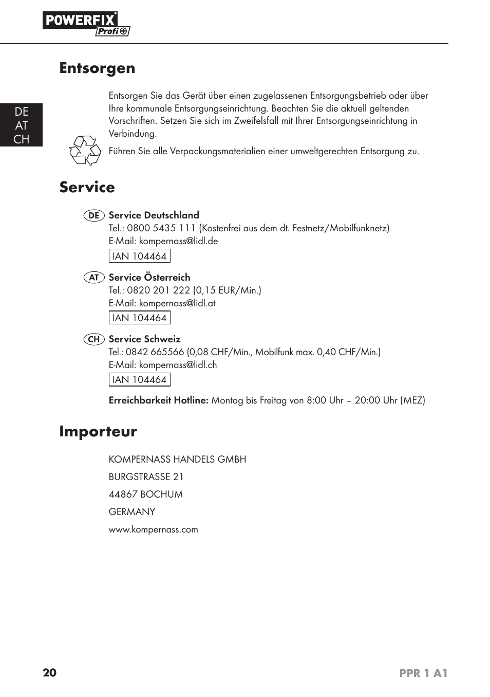 Entsorgen, Service, Importeur | De at ch | Powerfix PPR 1 A1 User Manual | Page 23 / 34