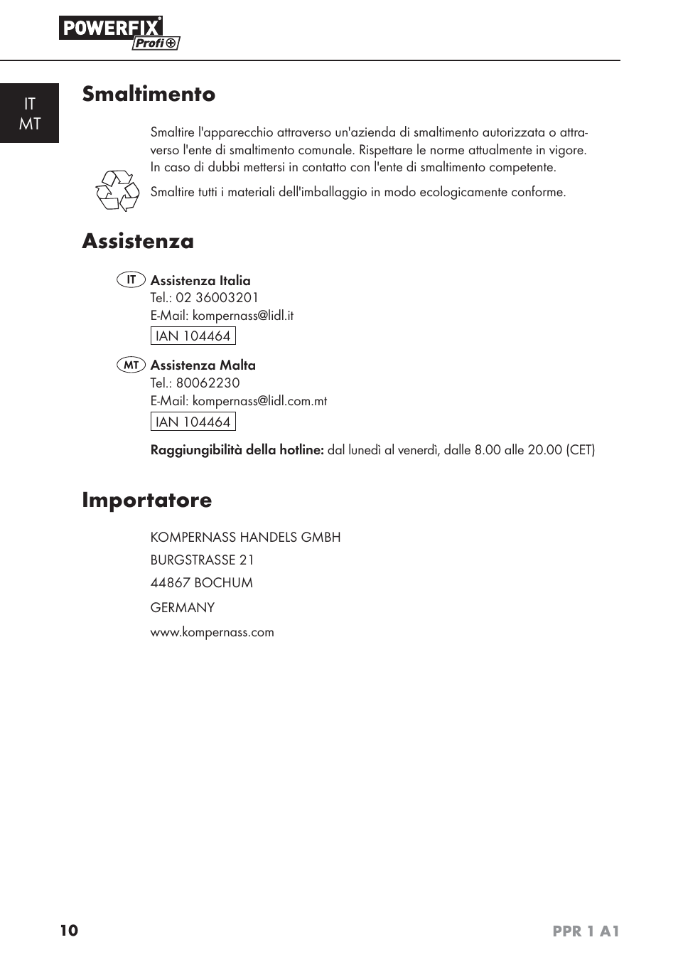 Smaltimento, Assistenza, Importatore | It mt | Powerfix PPR 1 A1 User Manual | Page 13 / 34