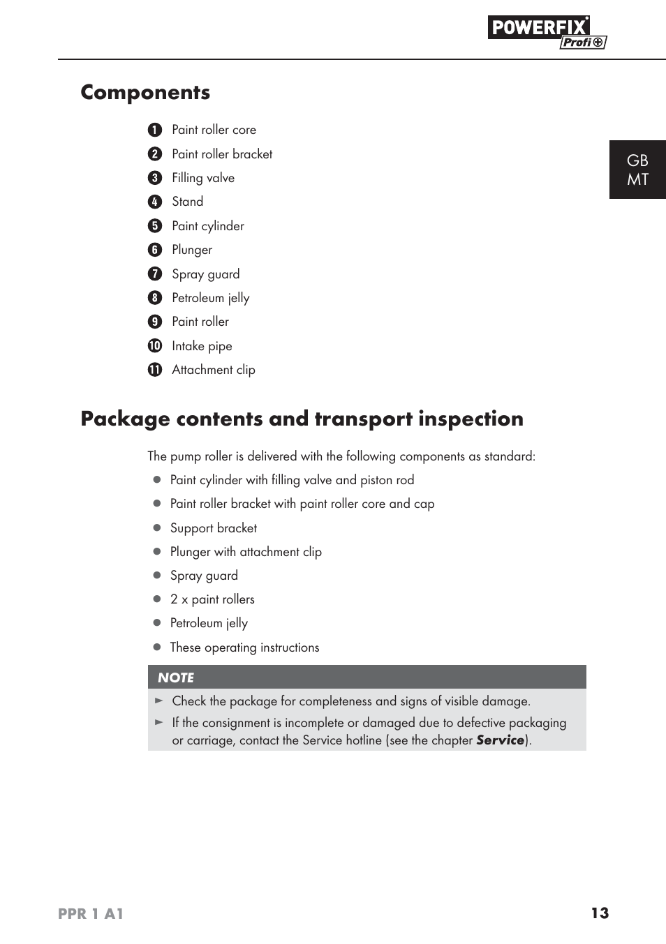 Components, Package contents and transport inspection, Gb mt | Powerfix PPR 1 A1 User Manual | Page 16 / 34