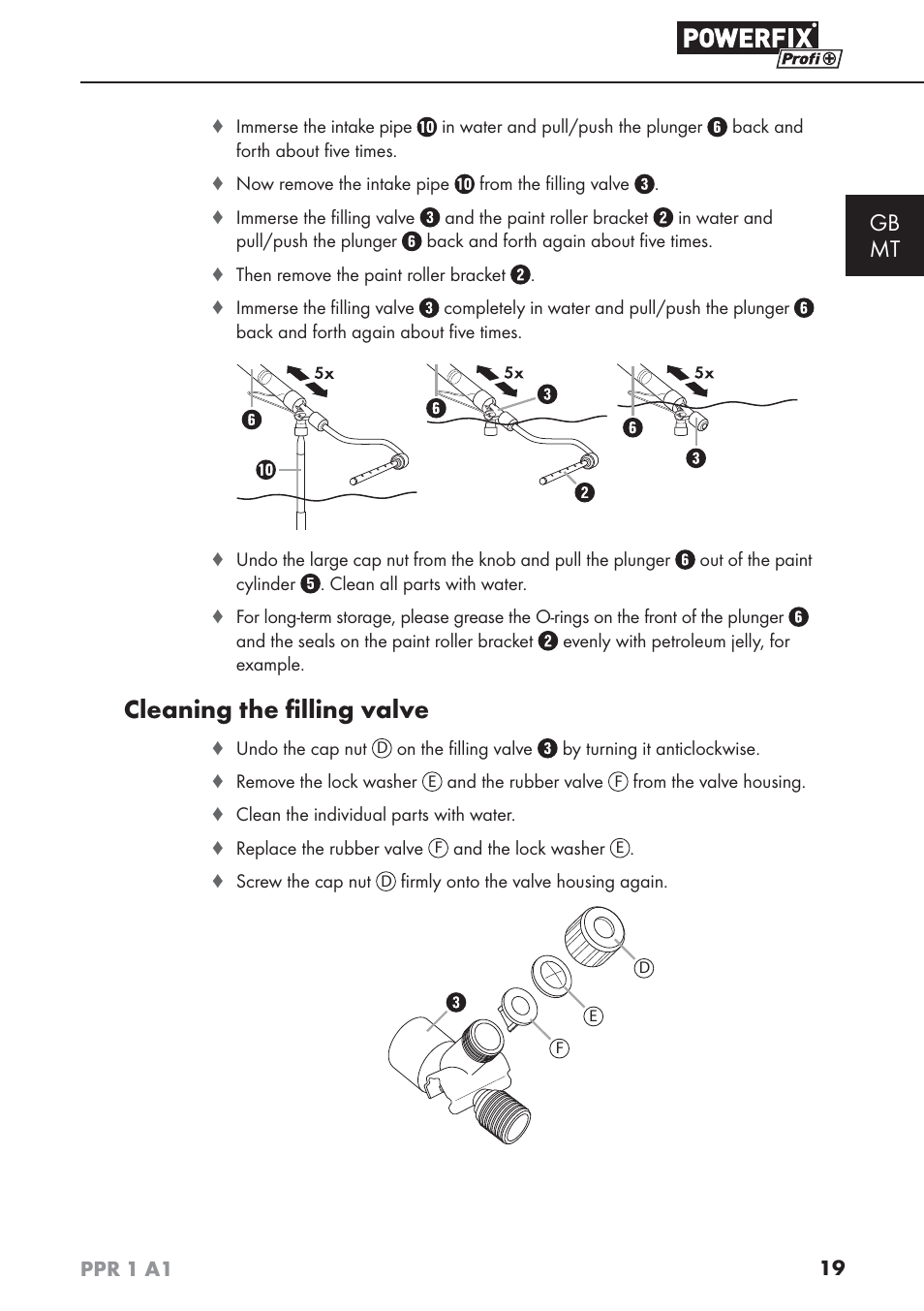 Cleaning the ﬁ lling valve, Gb mt | Powerfix PPR 1 A1 User Manual | Page 22 / 34