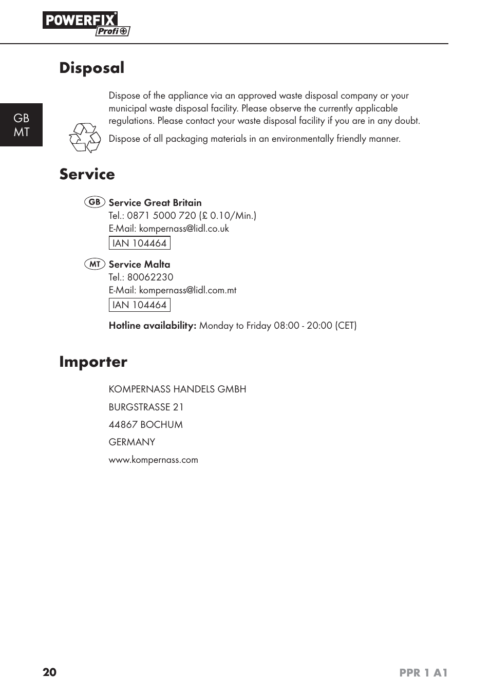 Disposal, Service, Importer | Gb mt | Powerfix PPR 1 A1 User Manual | Page 23 / 34