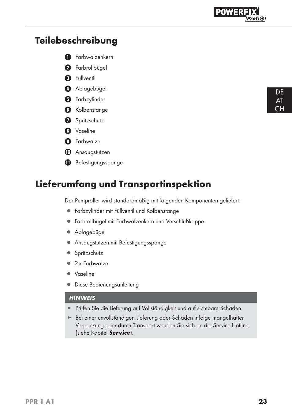 Teilebeschreibung, Lieferumfang und transportinspektion, De at ch | Powerfix PPR 1 A1 User Manual | Page 26 / 34