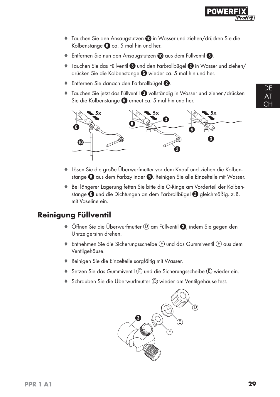 Reinigung füllventil, De at ch | Powerfix PPR 1 A1 User Manual | Page 32 / 34