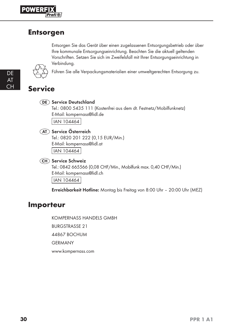 Entsorgen, Service, Importeur | De at ch | Powerfix PPR 1 A1 User Manual | Page 33 / 34