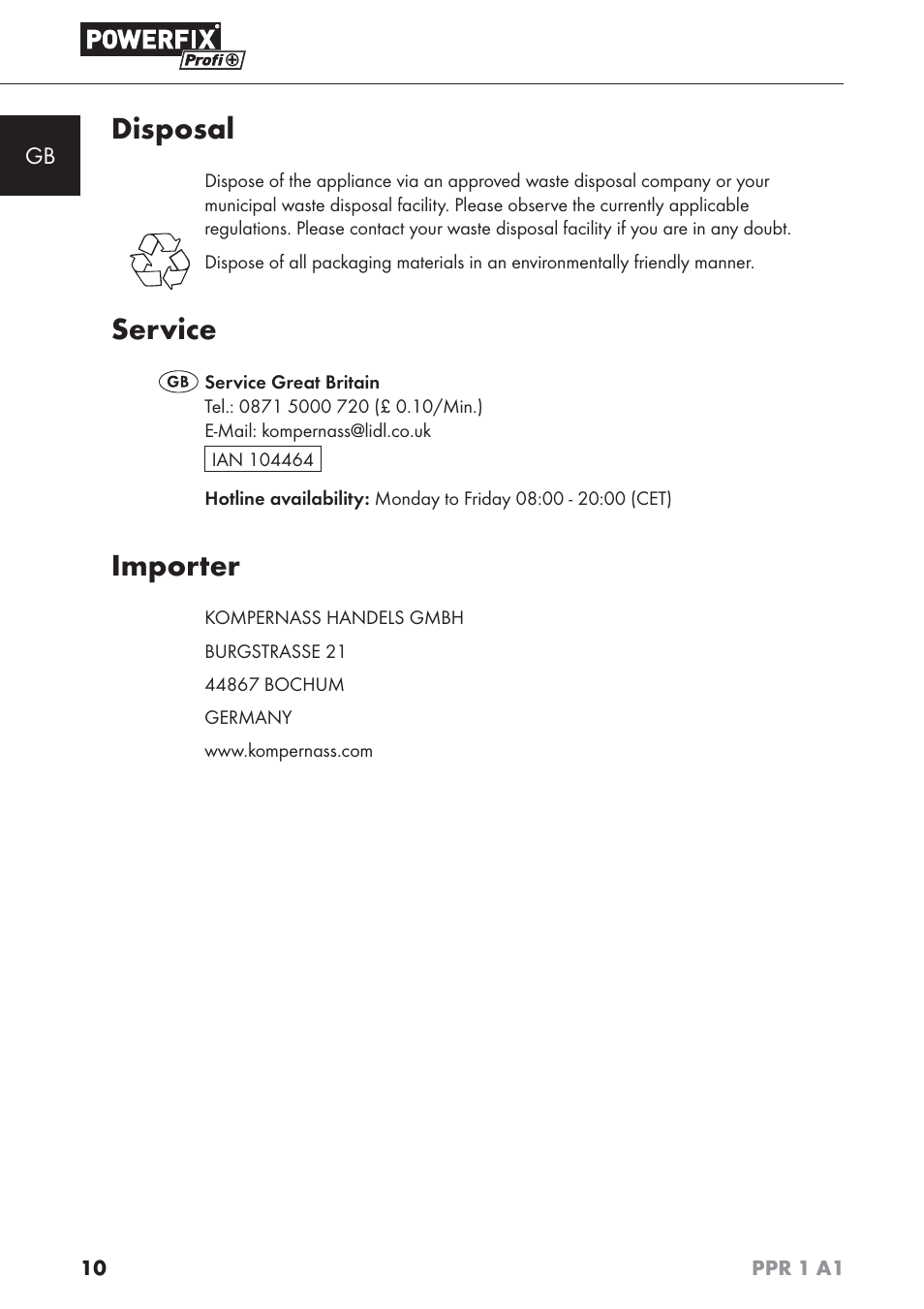 Disposal, Service, Importer | Powerfix PPR 1 A1 User Manual | Page 13 / 44