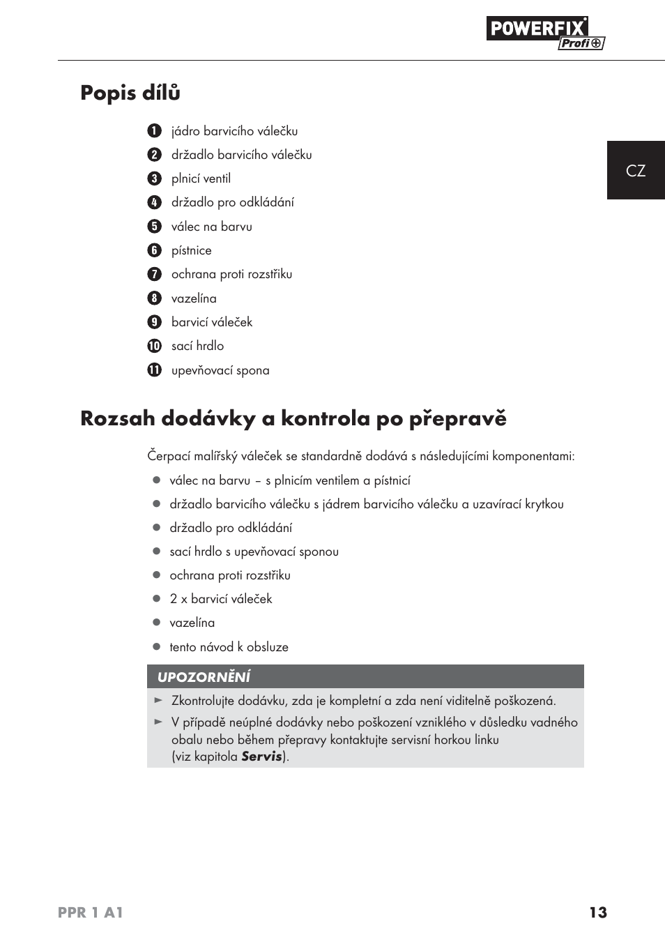 Popis dílů, Rozsah dodávky a kontrola po přepravě | Powerfix PPR 1 A1 User Manual | Page 16 / 44