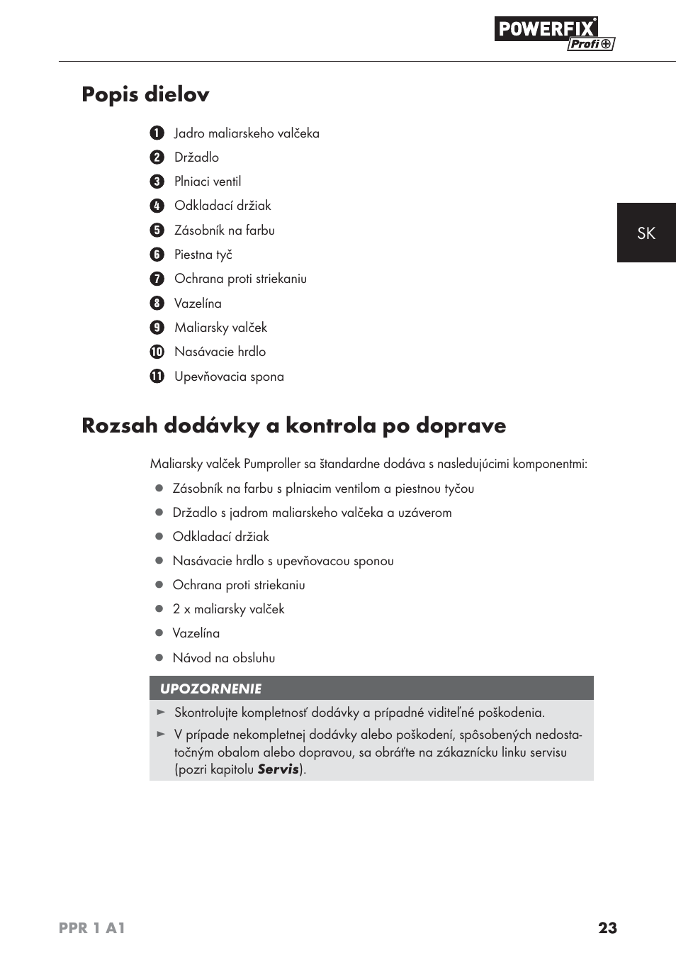 Popis dielov, Rozsah dodávky a kontrola po doprave | Powerfix PPR 1 A1 User Manual | Page 26 / 44