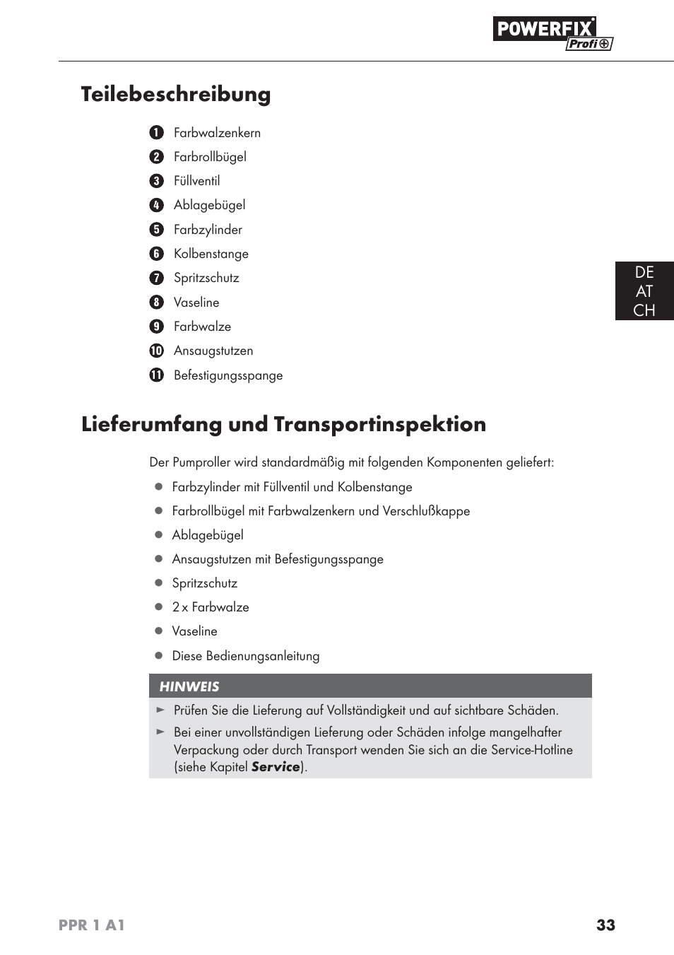 Teilebeschreibung, Lieferumfang und transportinspektion, De at ch | Powerfix PPR 1 A1 User Manual | Page 36 / 44