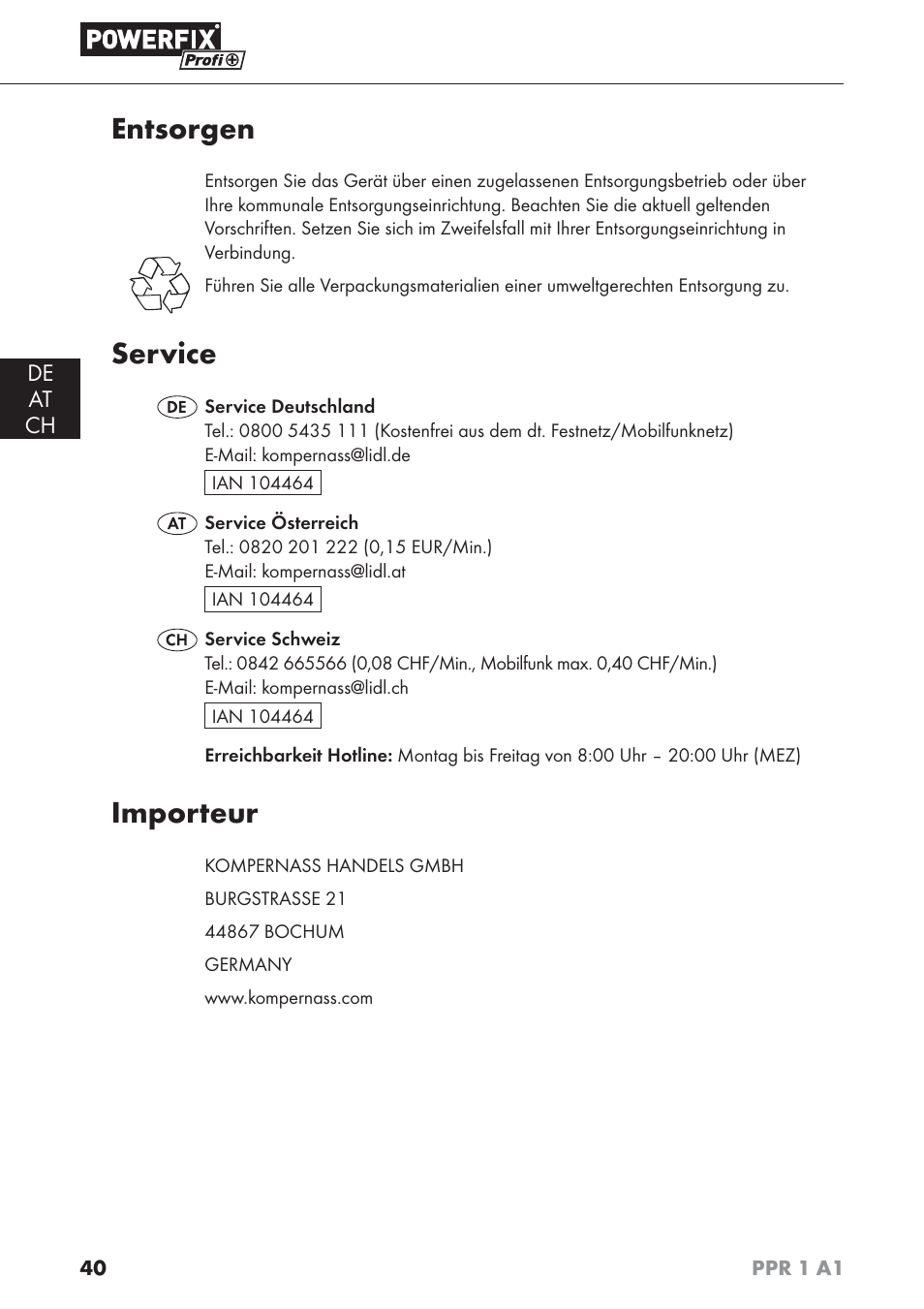 Entsorgen, Service, Importeur | Powerfix PPR 1 A1 User Manual | Page 43 / 44
